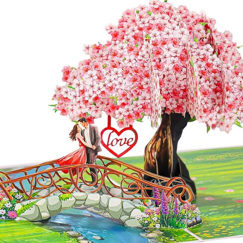 بطاقة الذكرى السنوية المنبثقة زهر الكرز، جسر ثلاثي الأبعاد مع بطاقات زفاف للزوجين للزوجة، الزوج، لها، الصديقة، العروس، العريس هدية مثالية لعيد الميلاد الرومانسي، الزفاف، عيد الحب، عيد الأم، 6 × 8 بوصة in Kuwait