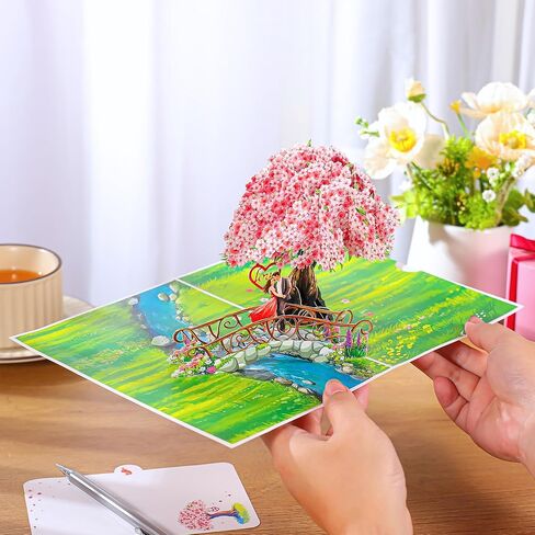 بطاقة الذكرى السنوية المنبثقة زهر الكرز، جسر ثلاثي الأبعاد مع بطاقات زفاف للزوجين للزوجة، الزوج، لها، الصديقة، العروس، العريس هدية مثالية لعيد الميلاد الرومانسي، الزفاف، عيد الحب، عيد الأم، 6 × 8 بوصة in Kuwait