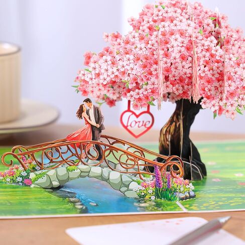 بطاقة الذكرى السنوية المنبثقة زهر الكرز، جسر ثلاثي الأبعاد مع بطاقات زفاف للزوجين للزوجة، الزوج، لها، الصديقة، العروس، العريس هدية مثالية لعيد الميلاد الرومانسي، الزفاف، عيد الحب، عيد الأم، 6 × 8 بوصة in Kuwait