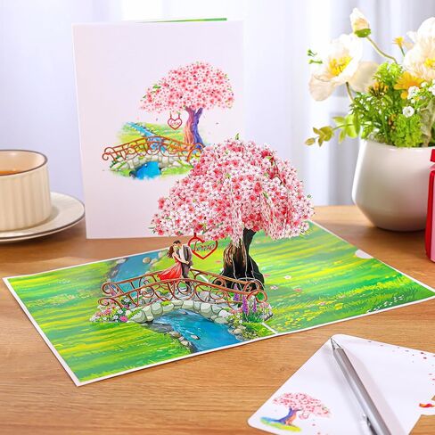 بطاقة الذكرى السنوية المنبثقة زهر الكرز، جسر ثلاثي الأبعاد مع بطاقات زفاف للزوجين للزوجة، الزوج، لها، الصديقة، العروس، العريس هدية مثالية لعيد الميلاد الرومانسي، الزفاف، عيد الحب، عيد الأم، 6 × 8 بوصة in Kuwait