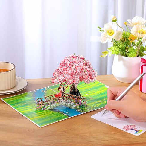 بطاقة الذكرى السنوية المنبثقة زهر الكرز، جسر ثلاثي الأبعاد مع بطاقات زفاف للزوجين للزوجة، الزوج، لها، الصديقة، العروس، العريس هدية مثالية لعيد الميلاد الرومانسي، الزفاف، عيد الحب، عيد الأم، 6 × 8 بوصة in Kuwait