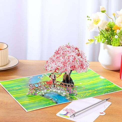 بطاقة الذكرى السنوية المنبثقة زهر الكرز، جسر ثلاثي الأبعاد مع بطاقات زفاف للزوجين للزوجة، الزوج، لها، الصديقة، العروس، العريس هدية مثالية لعيد الميلاد الرومانسي، الزفاف، عيد الحب، عيد الأم، 6 × 8 بوصة in Kuwait