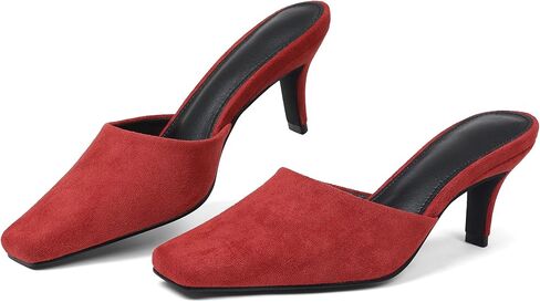 CELNEPHO Kitten Heels for Women Closed Square Toe Slip On Comfortable Dress Pumps Backless Casual Office Shoes Fashion Suede Mules in Kuwait