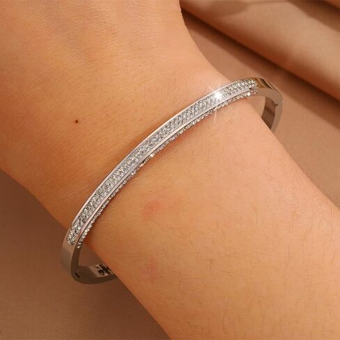 Triple-Row Mud Diamond Cuff for Women – Silver-Plated Stainless Steel Bangle in Saudi Arabia