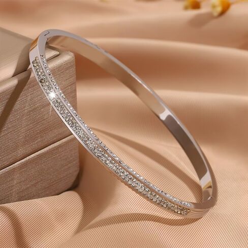 Triple-Row Mud Diamond Cuff for Women – Silver-Plated Stainless Steel Bangle in Saudi Arabia