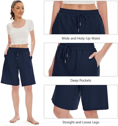 Bermuda Shorts for Women Knee Length Shorts for Women Casual Summer Sweat Shorts with Pockets Navy Medium in Saudi Arabia