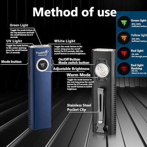 TrustFire Mini X3 Rechargeable EDC Flashlight with White Light, Flood Light, UV and Green Beam, 1050 Lumens Portable Flat Flashlights, Fourfold Light Sources Pocket Lights for Emergency (Black) in Kuwait