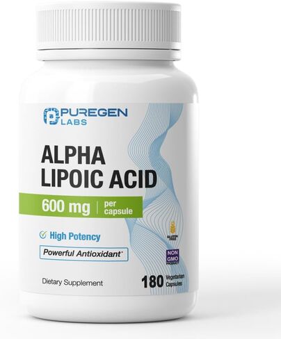 Puregen Labs Alpha Lipoic Acid 600mg [High Potency] 180 Veggie Caps, Antioxidant Support | No Harmful Additives | Non-GMO, NO Gluten and Dairy, 600 mg per Capsule - Made in USA in Kuwait