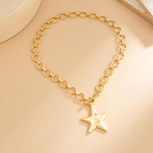 Chunky Gold Star Necklace Big Silver Statement Necklace for Women Big Star Chunky Necklaces Large Thick Paperclip OT Toggle Necklace Stocking Stuffers Christmas Jewelry in Saudi Arabia