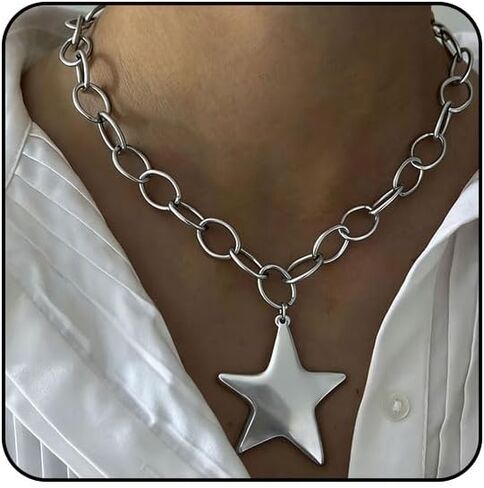 Chunky Gold Star Necklace Big Silver Statement Necklace for Women Big Star Chunky Necklaces Large Thick Paperclip OT Toggle Necklace Stocking Stuffers Christmas Jewelry in Kuwait