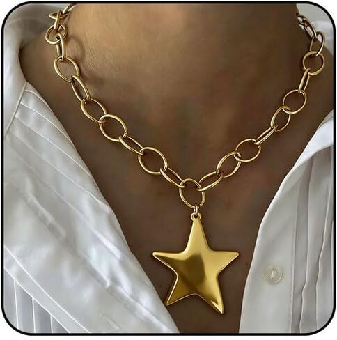Chunky Gold Star Necklace Big Silver Statement Necklace for Women Big Star Chunky Necklaces Large Thick Paperclip OT Toggle Necklace Stocking Stuffers Christmas Jewelry in Saudi Arabia