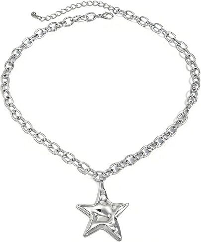 Chunky Gold Star Necklace Big Silver Statement Necklace for Women Big Star Chunky Necklaces Large Thick Paperclip OT Toggle Necklace Stocking Stuffers Christmas Jewelry in Saudi Arabia