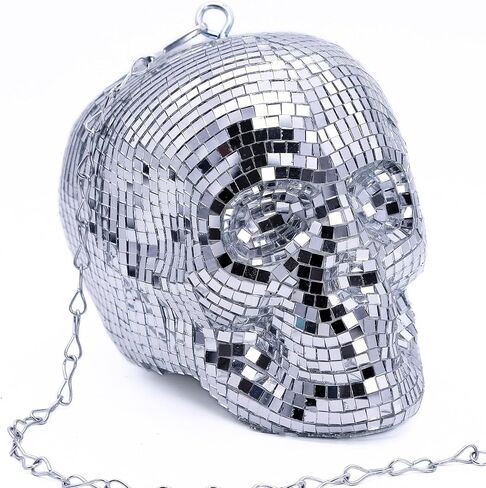 ديكور جمجمة رأس بشرية على شكل كرة ديسكو - زخرفة جمجمة عاكسة، قطعة مركزية على شكل كرة مرآة جمجمة، قطعة مركزية على شكل جمجمة ديسكو (فضي) in Kuwait