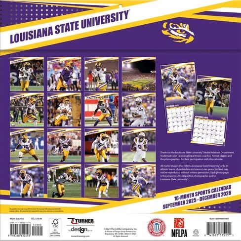 تقويم حائط NCAA LSU Tigers 2026، 12 بوصة × 12 بوصة، تقويم لمدة 16 شهرًا مع غلاف مثبت in Kuwait