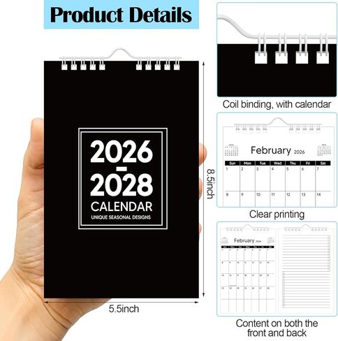 2026-2028 Small Wall Calendar 8.5x5.5", 24 Months Mini Notepad Little Wall Calendar for Desk School Office Bulletin Board Kitchen RVs Fridge or Home Organizing(Black,Classic) in Saudi Arabia