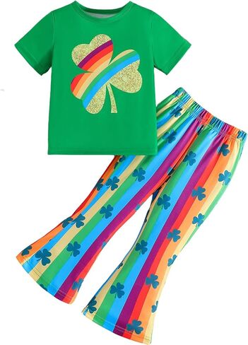 Girls St Patricks Day Outfit Toddler Girls Shamrocks Rainbow Print T-shirt and Flared Pants Clothes Set in Saudi Arabia