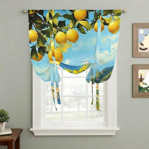 Summer Lemon Tie Up Curtains for Window, Coastal Ocean Beach Mountain Town Thermal Insulated Balloon Shade Adjustable Rod Pocket Curtains Valance Panels for Kitchen Bathroom Café 52'' x 63'' in Saudi Arabia