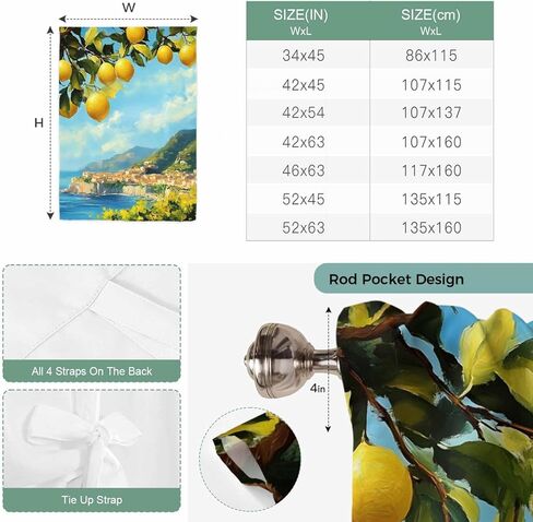 Summer Lemon Tie Up Curtains for Window, Coastal Ocean Beach Mountain Town Thermal Insulated Balloon Shade Adjustable Rod Pocket Curtains Valance Panels for Kitchen Bathroom Café 52'' x 63'' in Saudi Arabia