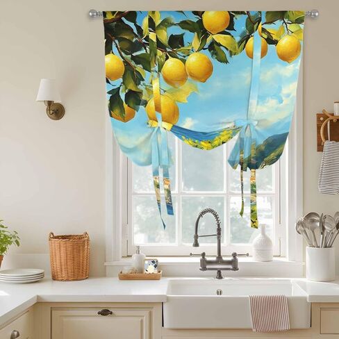 Summer Lemon Tie Up Curtains for Window, Coastal Ocean Beach Mountain Town Thermal Insulated Balloon Shade Adjustable Rod Pocket Curtains Valance Panels for Kitchen Bathroom Café 52'' x 63'' in Saudi Arabia