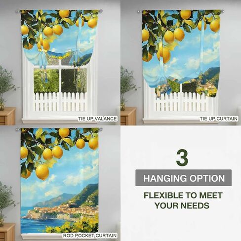 Summer Lemon Tie Up Curtains for Window, Coastal Ocean Beach Mountain Town Thermal Insulated Balloon Shade Adjustable Rod Pocket Curtains Valance Panels for Kitchen Bathroom Café 52'' x 63'' in Saudi Arabia