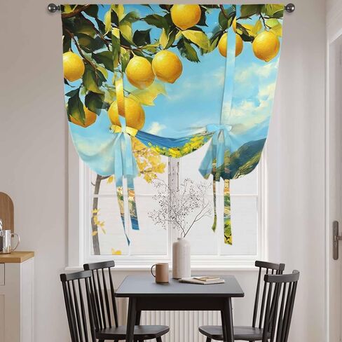 Summer Lemon Tie Up Curtains for Window, Coastal Ocean Beach Mountain Town Thermal Insulated Balloon Shade Adjustable Rod Pocket Curtains Valance Panels for Kitchen Bathroom Café 52'' x 63'' in Saudi Arabia