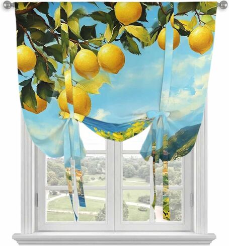 Summer Lemon Tie Up Curtains for Window, Coastal Ocean Beach Mountain Town Thermal Insulated Balloon Shade Adjustable Rod Pocket Curtains Valance Panels for Kitchen Bathroom Café 52'' x 63'' in Saudi Arabia