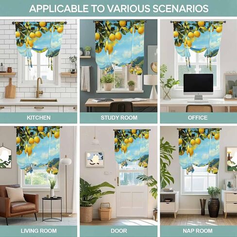Summer Lemon Tie Up Curtains for Window, Coastal Ocean Beach Mountain Town Thermal Insulated Balloon Shade Adjustable Rod Pocket Curtains Valance Panels for Kitchen Bathroom Café 52'' x 63'' in Saudi Arabia