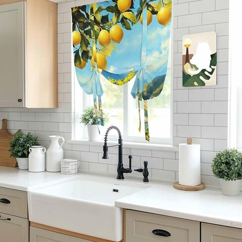 Summer Lemon Tie Up Curtains for Window, Coastal Ocean Beach Mountain Town Thermal Insulated Balloon Shade Adjustable Rod Pocket Curtains Valance Panels for Kitchen Bathroom Café 52'' x 63'' in Saudi Arabia