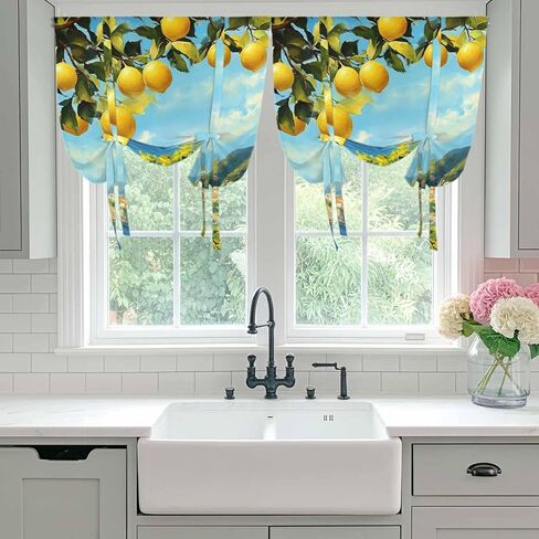 Summer Lemon Tie Up Curtains for Window, Coastal Ocean Beach Mountain Town Thermal Insulated Balloon Shade Adjustable Rod Pocket Curtains Valance Panels for Kitchen Bathroom Café 52'' x 63'' in Saudi Arabia