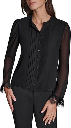 BCBG Womens Long Sleeve Pleat Front Lace Trim Woven Blouse in Kuwait
