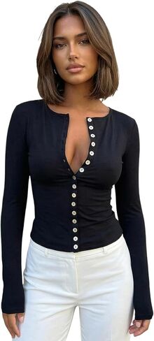 Women's Button Down Long Sleeve T Shirts Dressy Casual Crew Neck Fitted Fall Tops in Saudi Arabia