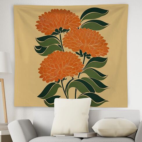 WNAGT Retro Boho Orange Floral Tapestry Wall Hanging, Mid Century Modern Decor, Abstract Art Deco Flower Botanical Wall Blanket Decor for Home Bedroom Living Room, 50x60 Inch in Kuwait