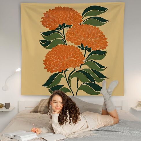 WNAGT Retro Boho Orange Floral Tapestry Wall Hanging, Mid Century Modern Decor, Abstract Art Deco Flower Botanical Wall Blanket Decor for Home Bedroom Living Room, 50x60 Inch in Kuwait