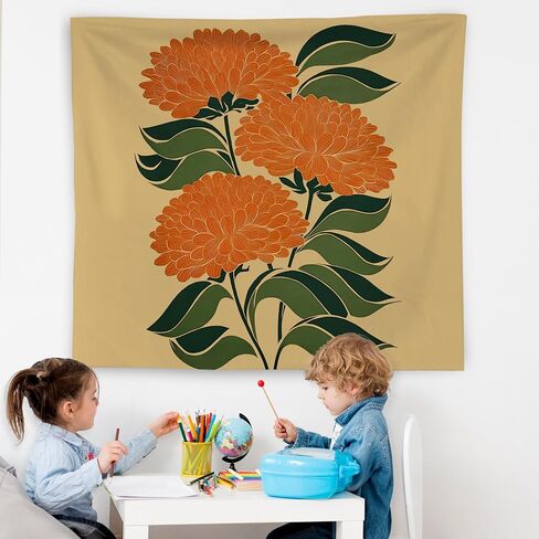 WNAGT Retro Boho Orange Floral Tapestry Wall Hanging, Mid Century Modern Decor, Abstract Art Deco Flower Botanical Wall Blanket Decor for Home Bedroom Living Room, 50x60 Inch in Kuwait