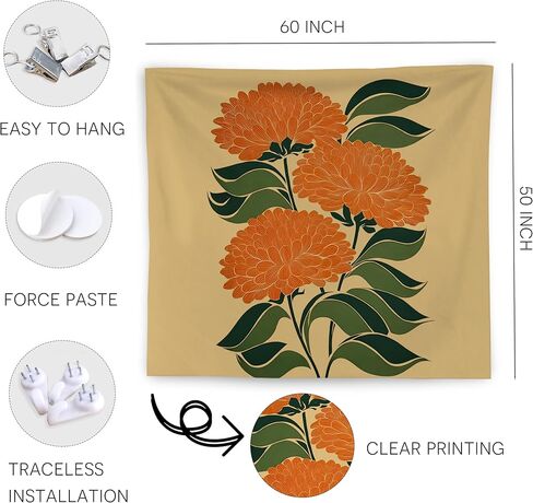 WNAGT Retro Boho Orange Floral Tapestry Wall Hanging, Mid Century Modern Decor, Abstract Art Deco Flower Botanical Wall Blanket Decor for Home Bedroom Living Room, 50x60 Inch in Kuwait