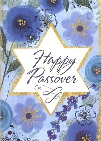 Designer Greetings Star Shaped Die Cut Window with Gold Giltter Border and Large Blue and Gold Flowers Passover Card in Kuwait
