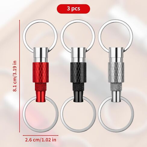 3 Pcs Quick Release Keychain, Detachable Aluminum Alloy Key Ring with 360° Rotation,Heavy Duty Dual Split Snap Lock Holder, Pull Apart Quick Disconnect Keychain for Car Keys (Silver, Black, Red) in Saudi Arabia
