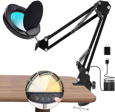15X Magnifying Glass with Light and Clamp, 5 Color Modes 10 Levels Adjustable Brightness, 2-in-1 Desk Lamp with Clamp, Hands Free Magnifier with Dust Cover for Craft Hobby Reading Repair Close Works in Kuwait
