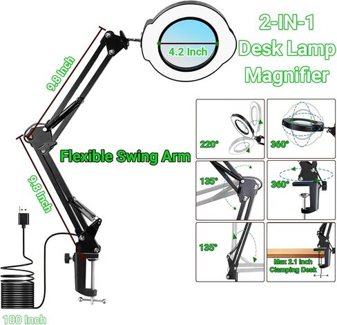 15X Magnifying Glass with Light and Clamp, 5 Color Modes 10 Levels Adjustable Brightness, 2-in-1 Desk Lamp with Clamp, Hands Free Magnifier with Dust Cover for Craft Hobby Reading Repair Close Works in Kuwait