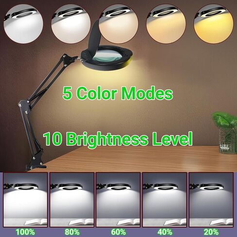 15X Magnifying Glass with Light and Clamp, 5 Color Modes 10 Levels Adjustable Brightness, 2-in-1 Desk Lamp with Clamp, Hands Free Magnifier with Dust Cover for Craft Hobby Reading Repair Close Works in Kuwait