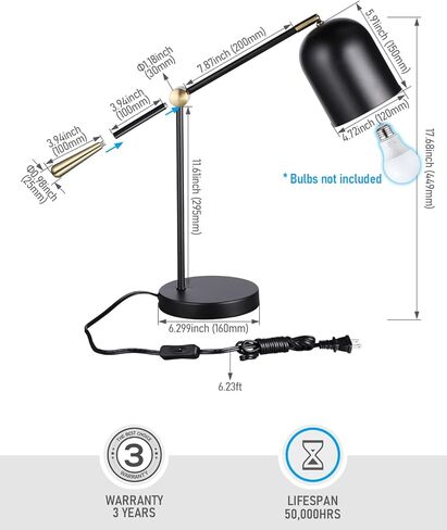 TORCHSTAR Adjustable Desk Lamp Aesthetic, AC 110-120V, Swing Arm Task Desk Lamp, Max 60W, E26 Base, Bulb Not Included, Metal Decor Desktop Lamp with On/Off Switch, for Work, Study, Home Office, Black in Saudi Arabia