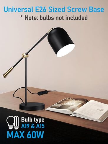 TORCHSTAR Adjustable Desk Lamp Aesthetic, AC 110-120V, Swing Arm Task Desk Lamp, Max 60W, E26 Base, Bulb Not Included, Metal Decor Desktop Lamp with On/Off Switch, for Work, Study, Home Office, Black in Saudi Arabia