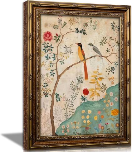 Gold Framed Vintage Plant Bird Canvas Wall Art Medieval Nature Aesthetic Flower Sparrow Painting Picture Wall Decor Colorful Birds And Flowers Poster Print Artwork for Bedroom Living Home Decoration in Saudi Arabia
