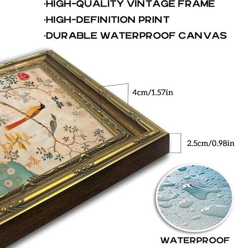 Gold Framed Vintage Plant Bird Canvas Wall Art Medieval Nature Aesthetic Flower Sparrow Painting Picture Wall Decor Colorful Birds And Flowers Poster Print Artwork for Bedroom Living Home Decoration in Saudi Arabia