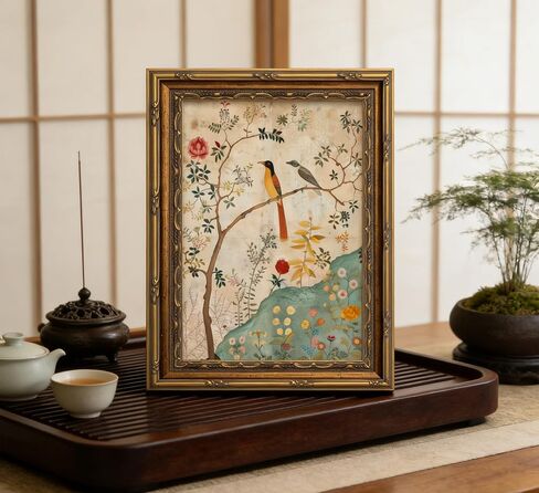 Gold Framed Vintage Plant Bird Canvas Wall Art Medieval Nature Aesthetic Flower Sparrow Painting Picture Wall Decor Colorful Birds And Flowers Poster Print Artwork for Bedroom Living Home Decoration in Saudi Arabia