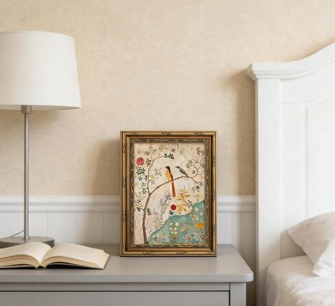 Gold Framed Vintage Plant Bird Canvas Wall Art Medieval Nature Aesthetic Flower Sparrow Painting Picture Wall Decor Colorful Birds And Flowers Poster Print Artwork for Bedroom Living Home Decoration in Saudi Arabia