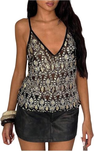 MakeMeChic Women's Mesh Sequin Camisole Top Sparkly Glitter Sleeveless Tops in Saudi Arabia