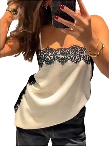 MakeMeChic Women's Satin Lace Tops Summer Sleeveless Spaghetti Strap Camisole Elegant Tank Tops in Saudi Arabia