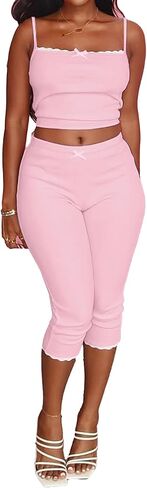 Geulis Women's 2 Piece Outfits Sexy Spaghetti Straps Sleeveless Camisole Crop Tops Bodycon Capri Pants Sets in Saudi Arabia