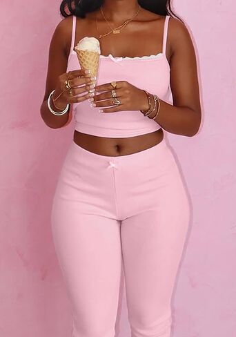 Geulis Women's 2 Piece Outfits Sexy Spaghetti Straps Sleeveless Camisole Crop Tops Bodycon Capri Pants Sets in Saudi Arabia